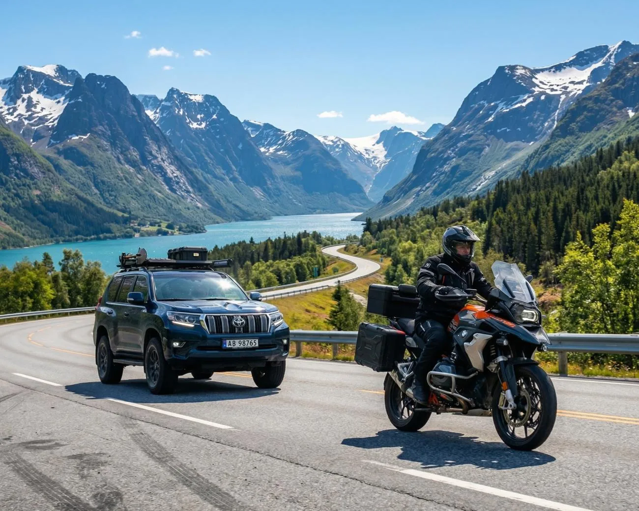 Motorcycle and support car on a fjord road framed by snow-capped peaks in Norway