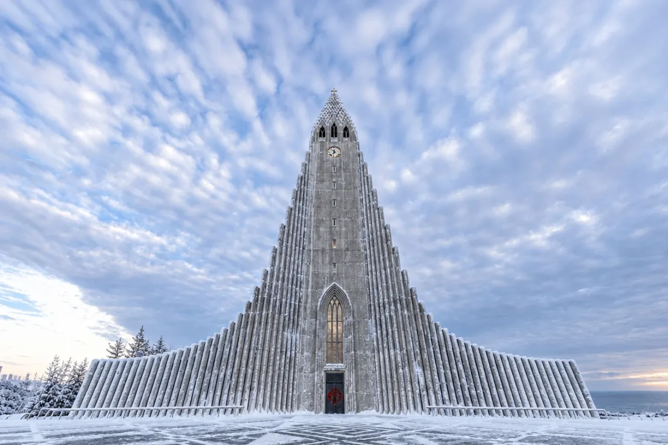 Hallgrímskirkja church in Reykjavík under a dappled winter sky