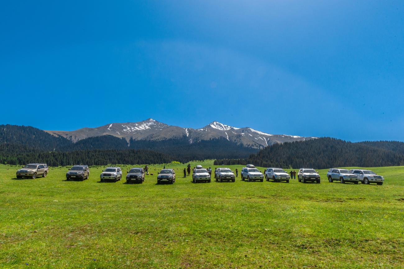 SUV lineup with snow peaks and green pasture Kyrgyzstan