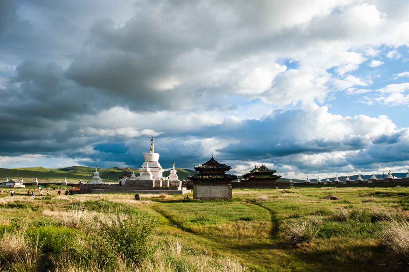 A row of white stupas along the perimeter wall of Erdene Zuu Monastery