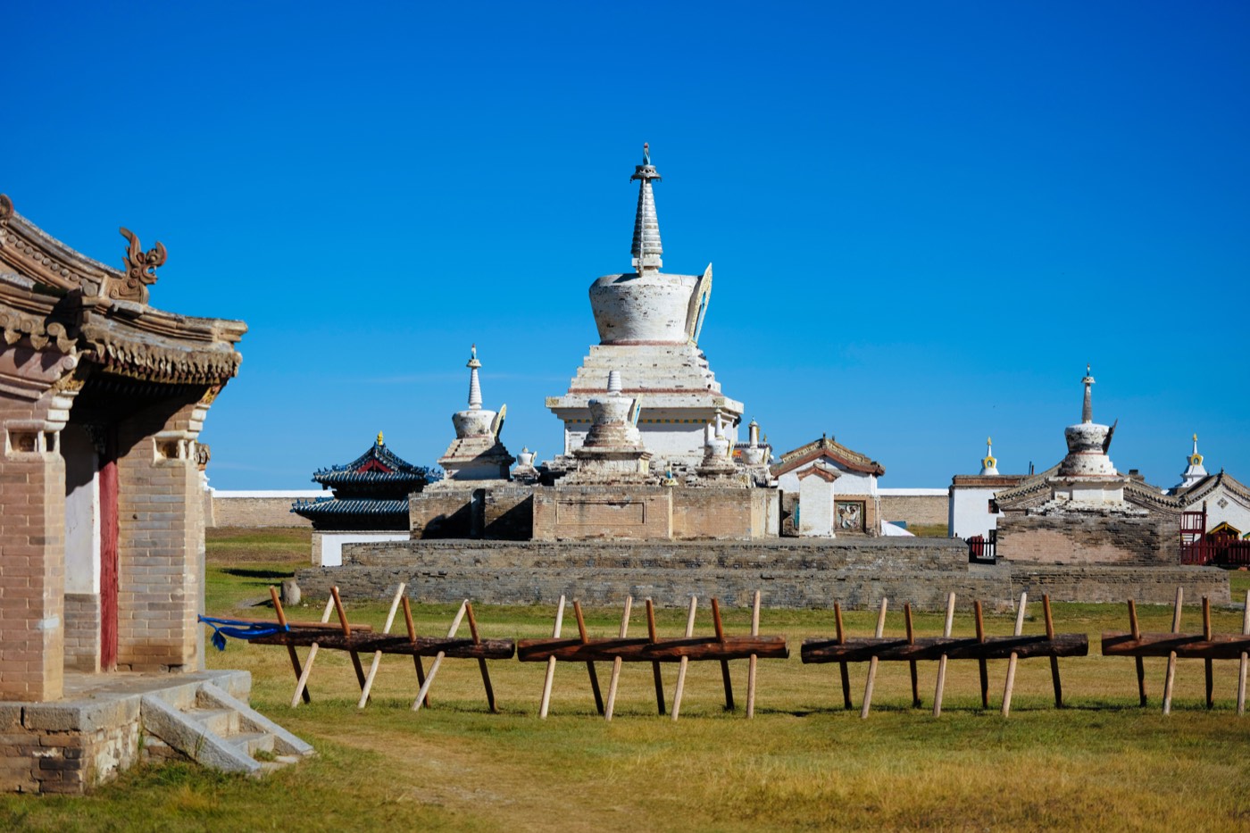 Panoramic view of Erdene Zuu Monastery's temples and stupas across the grassy steppe