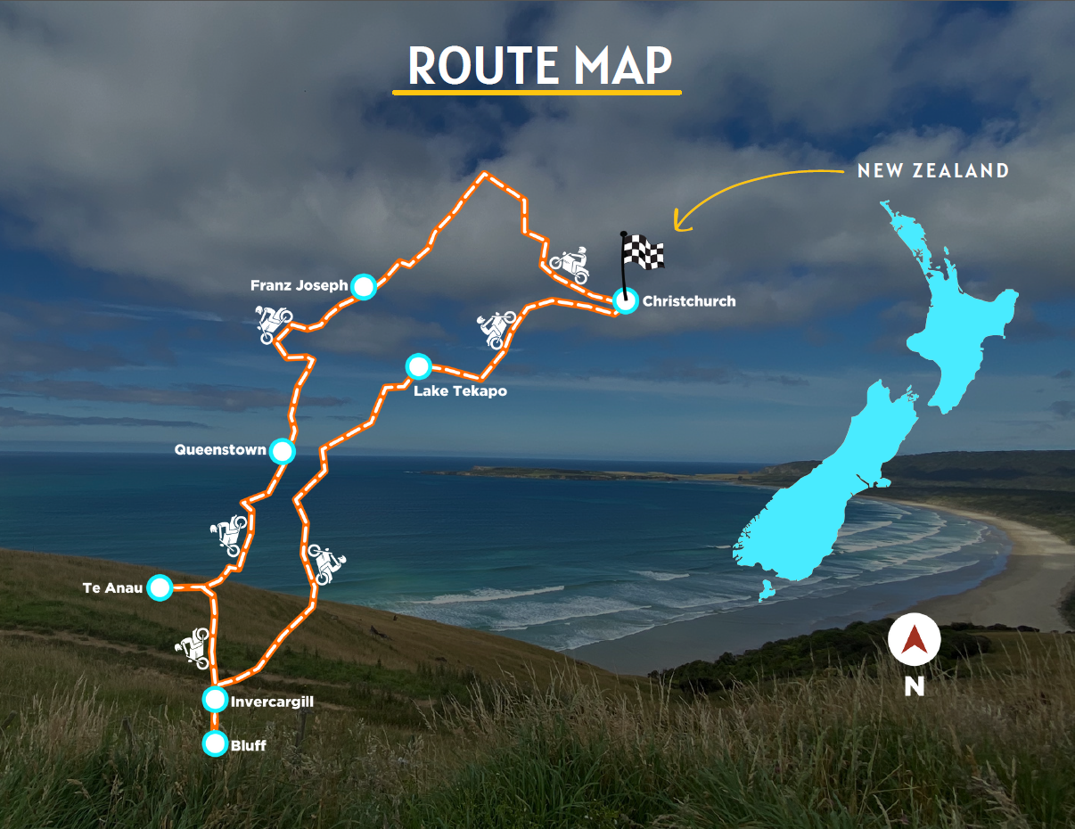 Route map showing the New Zealand South Island motorcycle tour from Christchurch through Lake Tekapo, Queenstown, Te Anau, and Franz Josef.
