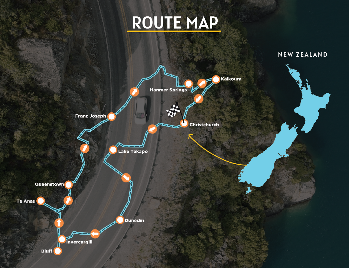 Route map showing the New Zealand South Island road trip itinerary from Christchurch through Queenstown and back.