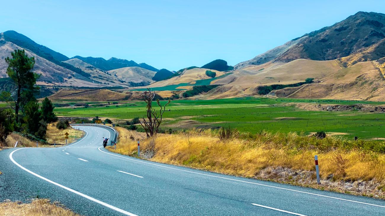 Winding road curving through lush green farmland with golden hills and mountain ranges in rural New Zealand.