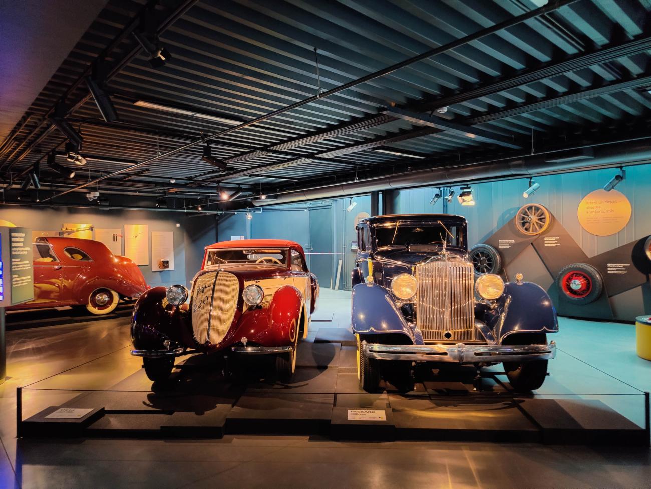 Classic vintage cars on display at the Riga Motor Museum in Latvia.