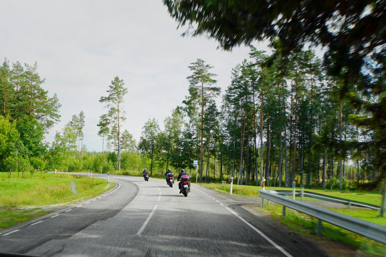 Motorcyclists riding along a road through pine forests in the Baltic countryside.