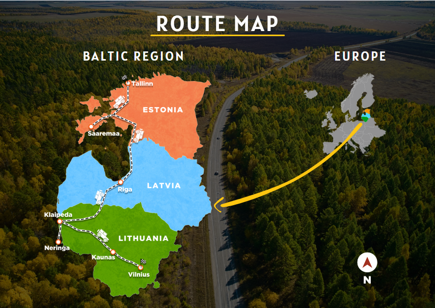 Route map showing the Northern Europe self-drive road trip itinerary through the Baltic states of Lithuania, Latvia, and Estonia.