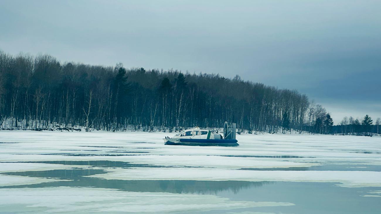 A hovercraft gliding across a partially frozen lake surrounded by snow-dusted birch and pine forest.