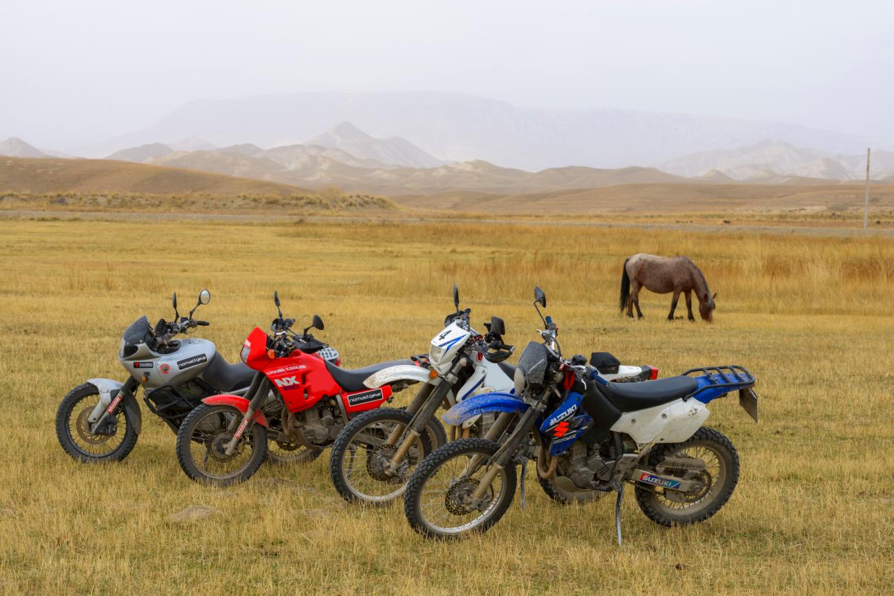 Four adventure motorcycles parked on a grassy steppe with a horse grazing nearby and misty mountains beyond.