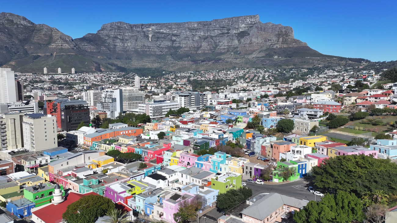 Bo-Kaap colourful houses with Table Mountain Cape Town