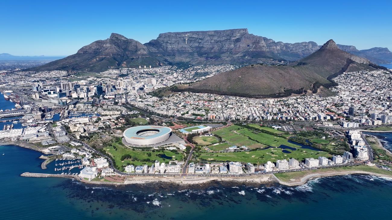 Green Point Stadium and Table Mountain aerial view Cape Town