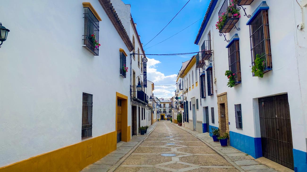 Charming narrow cobblestone street lined with whitewashed houses and flower-filled balconies in Cordoba old town.