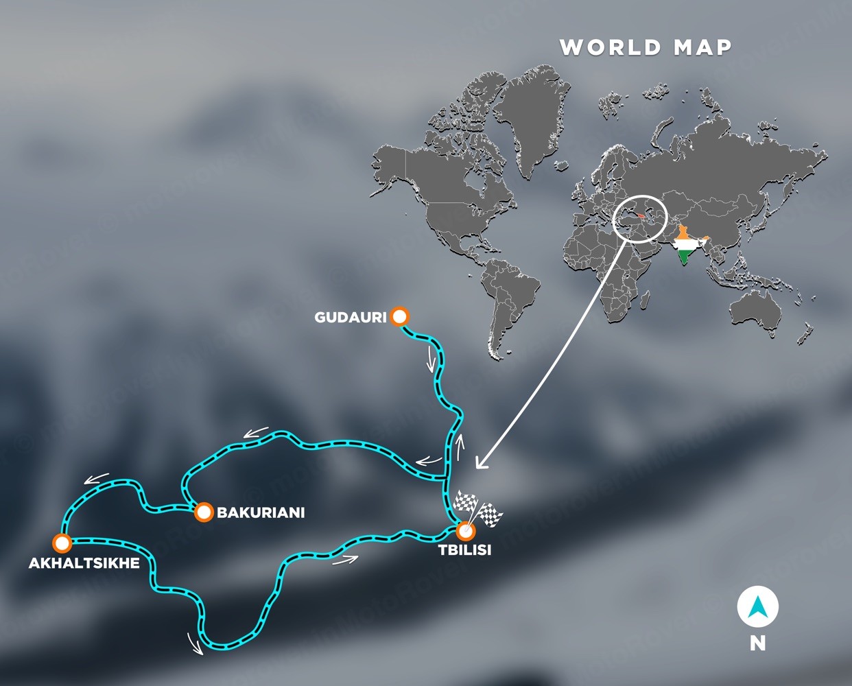 Georgia Snow Drive 2027 route map: Tbilisi to Gudauri, Bakuriani, Akhaltsikhe and back to Tbilisi