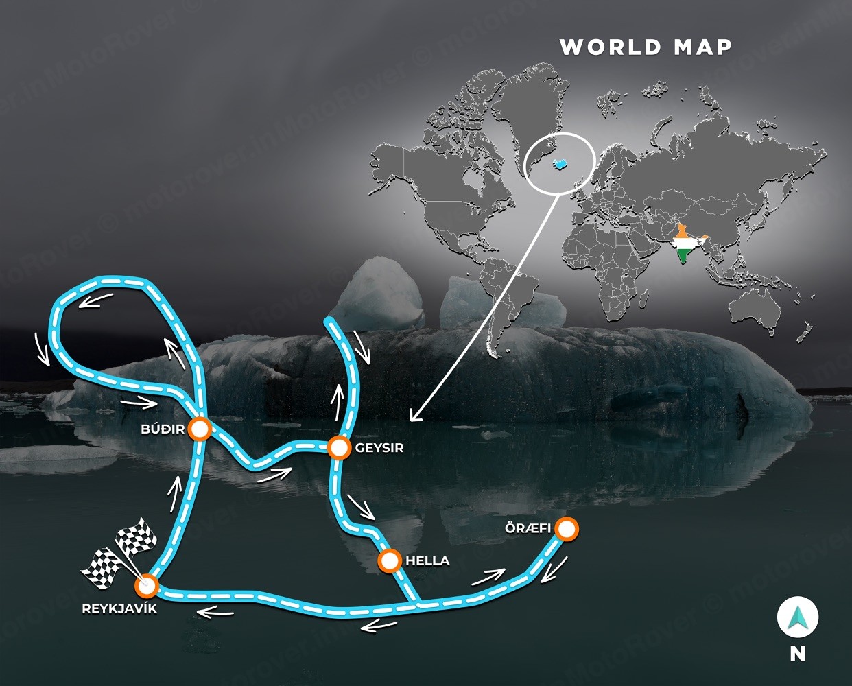 Iceland Winter Drive 2027 route map, a loop from Reykjavík via Búðir, Geysir, Hella and Öræfi back to Reykjavík