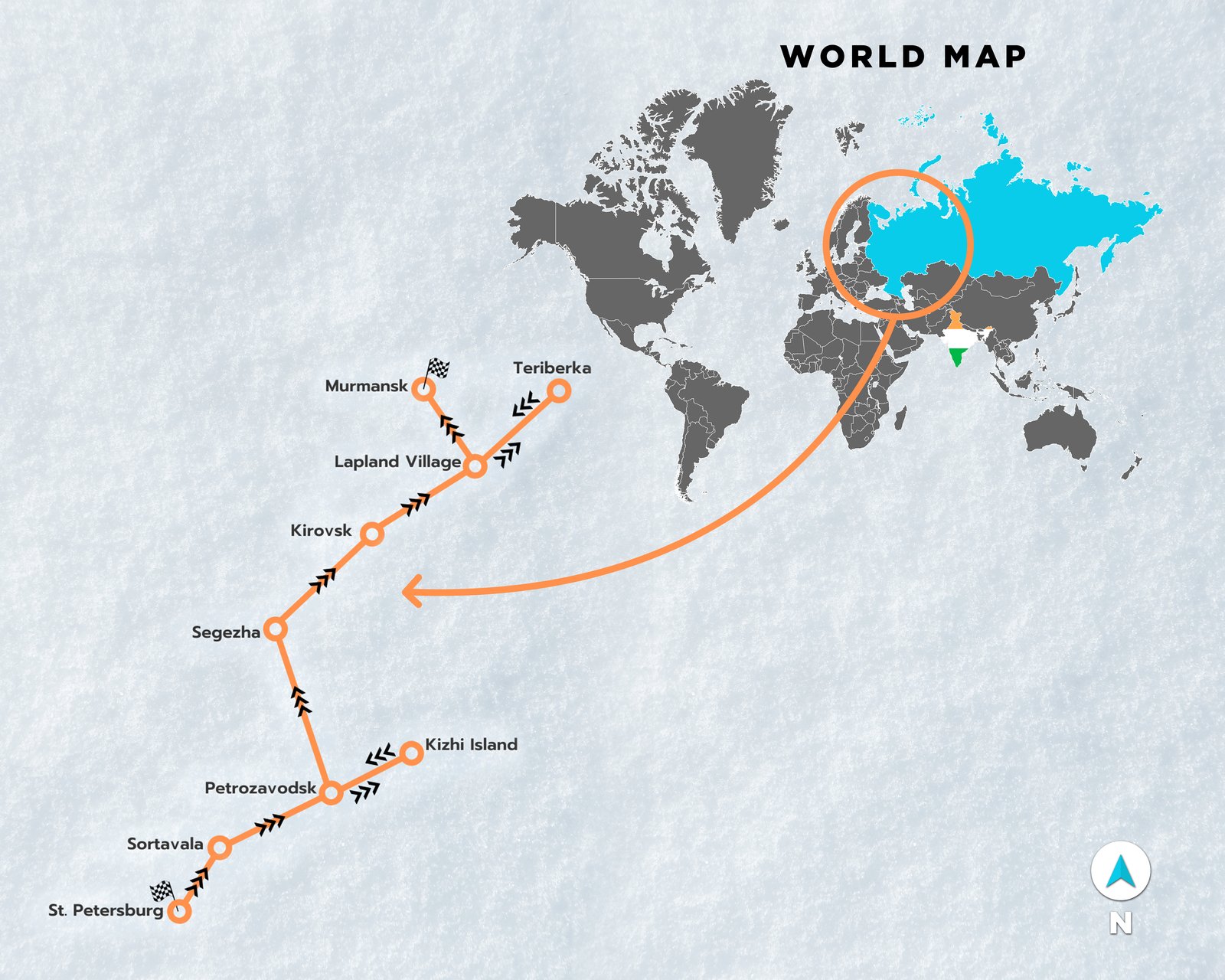 Russia Winter Adventure 2027 route map — St Petersburg, Sortavala, Petrozavodsk, Kizhi Island, Segezha, Kirovsk, Lapland Village, Teriberka and Murmansk